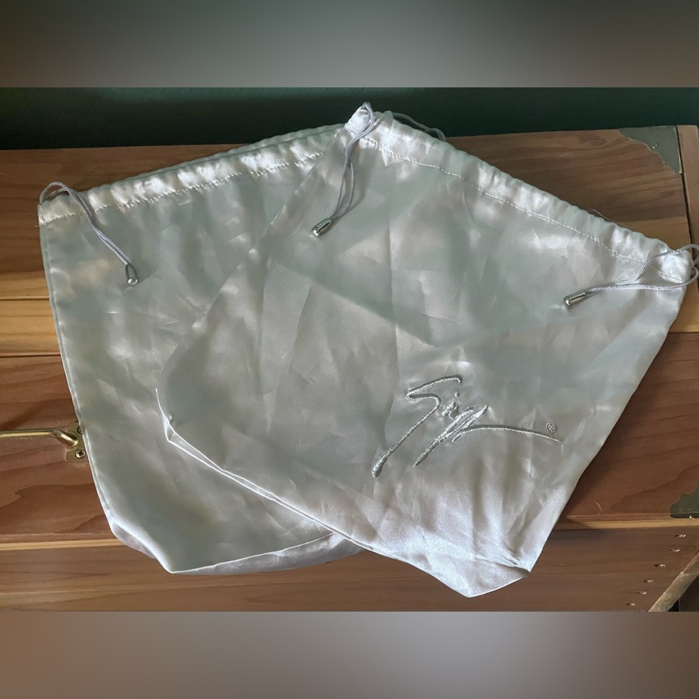 Two Authentic Giuseppe Zanotti Dust Bags Storage Drawstring Silver Satin 12x13”